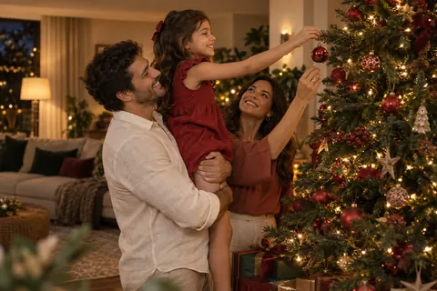 Pais e filha decorando a árvore de Natal juntos